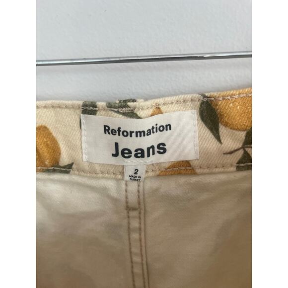 Reformation Denim Skirt Women XS Lemon Print Button Front Summer Yellow - Picture 3 of 6